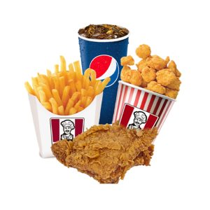 1 chicken back + 1 chicken popcorn + 1 Pqt fries + 1 cup Pepsi