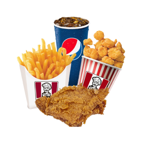 1 chicken back + 1 chicken popcorn + 1 Pqt fries + 1 cup Pepsi