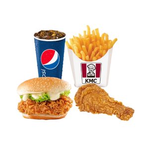 1 chicken burger + 1 chicken drumstick  + 1 Pqt fries + 1 cup Pepsi