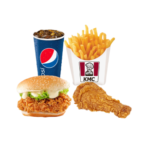 1 chicken burger + 1 chicken drumstick  + 1 Pqt fries + 1 cup Pepsi