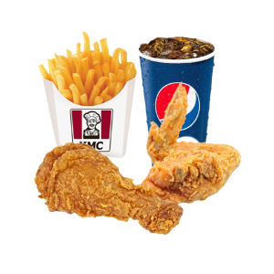 1 chicken drumstick + 1 chicken wing + 1 Pqt fries + 1 cup Pepsi