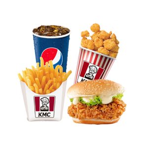 1 chicken popcorn + 1 Pqt fries + 1 chicken burger + 1 cup Pepsi