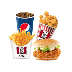 1 chicken popcorn + 1 Pqt fries + 1 chicken burger + 1 cup Pepsi
