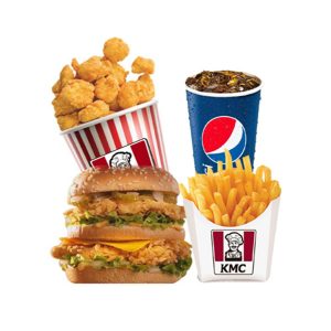 1 chicken popcorn + 1 Pqt fries + 1 double chicken burger + 1 cup Pepsi