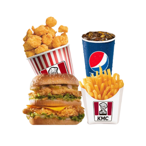 1 chicken popcorn + 1 Pqt fries + 1 double chicken burger + 1 cup Pepsi