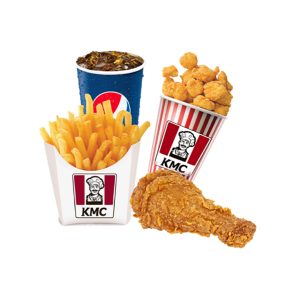 1 chicken popcorn + 1 chicken drumstick + 1 Pqt fries + 1 cup Pepsi