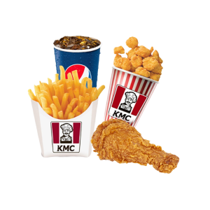 1 chicken popcorn + 1 chicken drumstick + 1 Pqt fries + 1 cup Pepsi