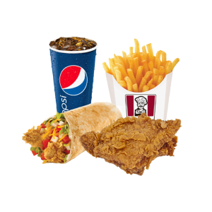 1 chicken wrap + 1 chicken back + 1 Pqt fries + 1 cup Pepsi
