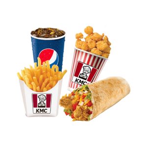 1 chicken wrap + 1 chicken popcorn + 1 Pqt fries + 1 cup Pepsi