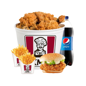 1 full chicken + 1 chicken burger + 2 P fries + 1 L Pepsi