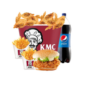 7 assorted chicken wings + 1 chicken burger + 2 Pqt fries + 1 L Pepsi