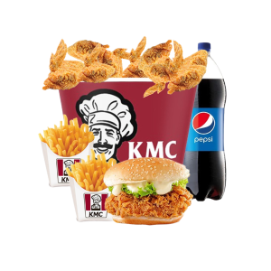 7 assorted chicken wings + 1 chicken burger + 2 Pqt fries + 1 L Pepsi