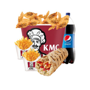 7 assorted chicken wings + 1 chicken wrap + 2 Pqt fries + 1 L Pepsi
